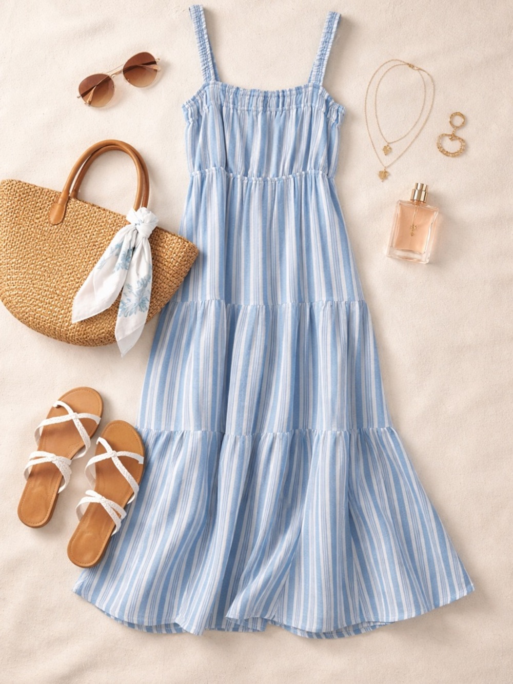 NWT Steve Madden Small Blue Stripe Midi Sundress Smocked Bodice